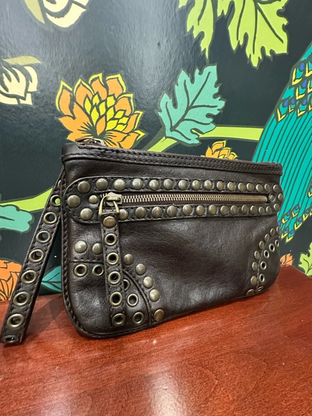 Vintage Bally Studded Leather Wristlet Clutch Y2K Moto Brown - Picture 5 of 11